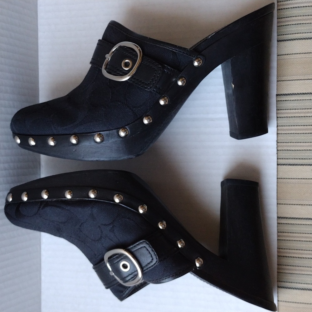 Coach Black Fabric and Leather Mules with Chunky Heel 9.5